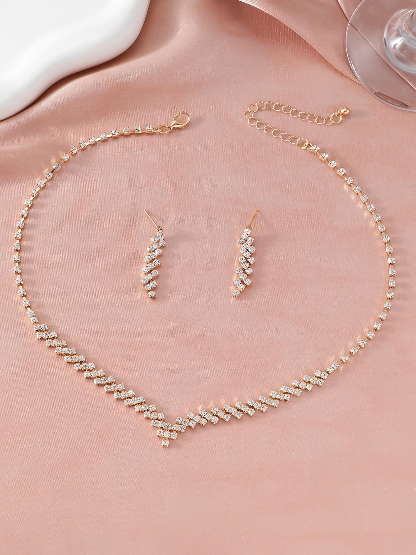 Elegant Rhinestone V-Shape Necklace & Earrings Jewelry Set, Perfect for Parties, Weddings, Birthdays, Gifts, All Seasons