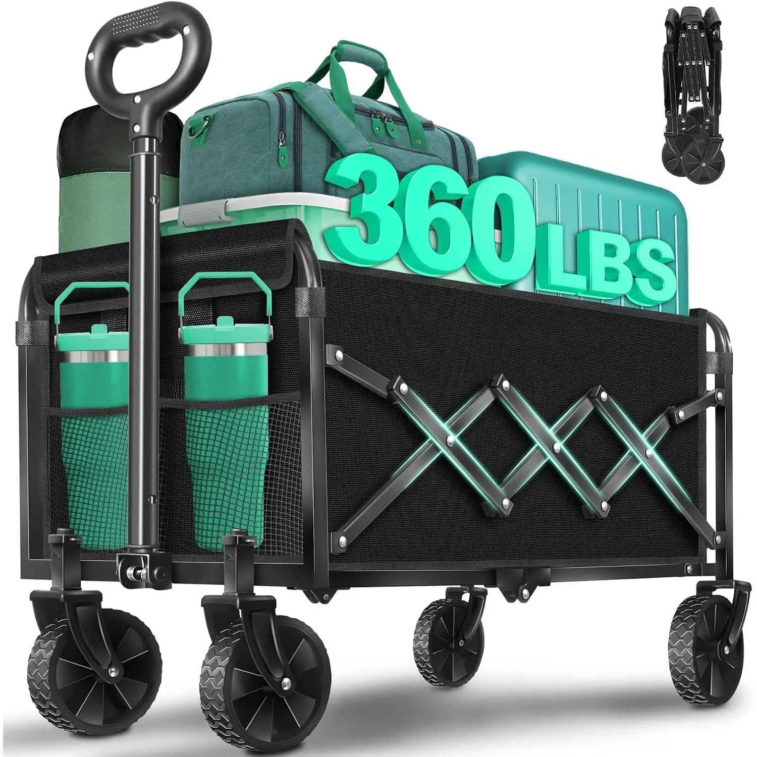 Folding Heavy-Duty Metal Frame Rectangular Utility Wagon Cart, Collapsible with Foldable Wheels, 360 Lbs Capacity - Portable All-Terrain Cart for Grocery Hauls, Camping