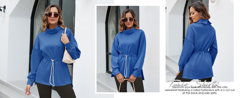 FISOEW Women's Turtleneck Sweatshirts Long Sleeve Pullover Tops Side Slit Tunic Shirts with Drawstring Waist Hoodie White Casual Womenswear #TikTokShopHolidayHaul
