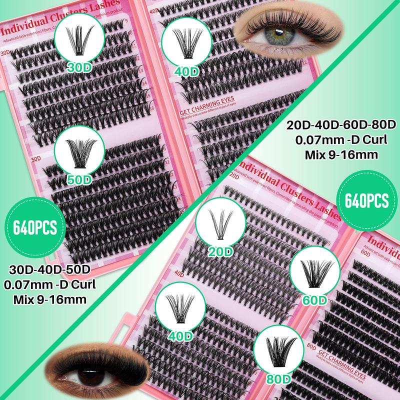 2304pcs High Capacity Lashes Kit, D Curl 11 Styles Individual False Eyelashes Mix 9-16mm Mega Volume Wispy Lashes Colorful Lashes Soft Comfortable False Eyelashes Set with Eyelash Extension Glue & Tweezers, Diy Eyelash Extensions, Perfect For DIY At Home