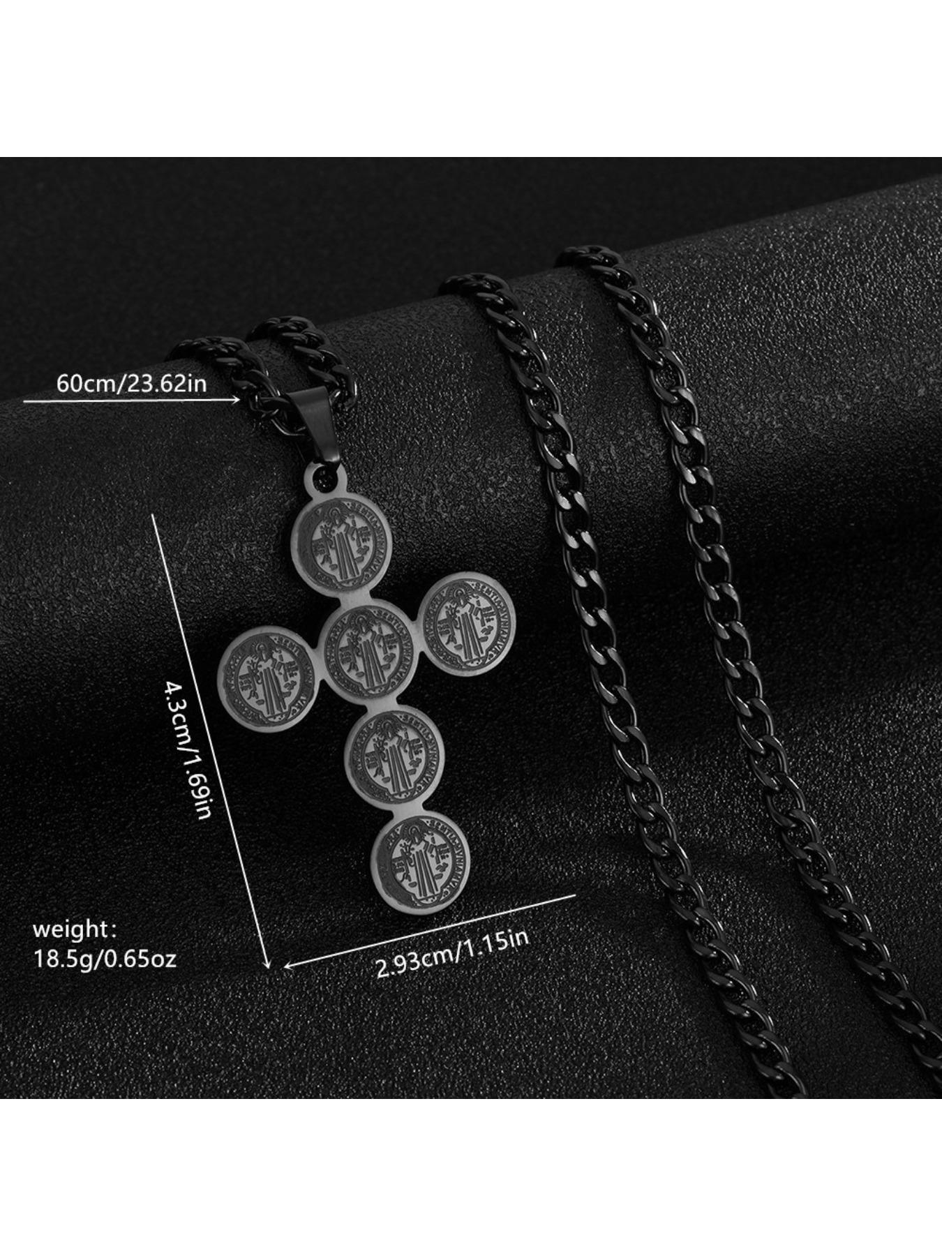 Vintage Cross Engraved Coin Pendant Necklace, Grunge Streetwear Titanium Steel Chain, Non-Tarnish Edgy Jewelry