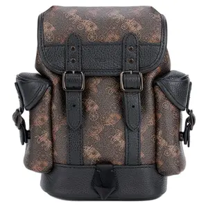 COACH Hitch 13 Mini Backpack for Men – Classic Coach Horse-and-Carriage Print, Faux Leather with Genuine Leather Trim, Charcoal