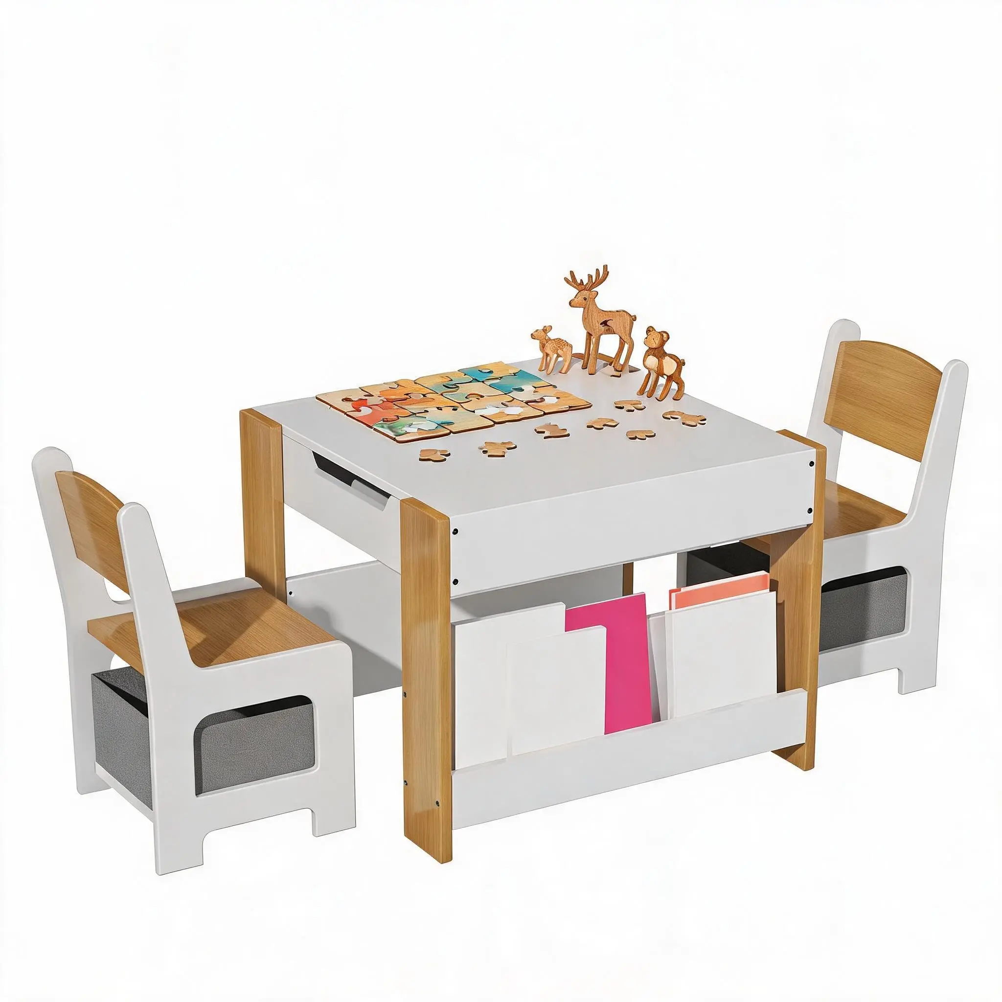 Garvee 4-in-1 Wooden Table and Chair Set with Dual-Sided Tabletop (Chalkboard/Whiteboard), Storage Shelves, Drawers, and Two Chairs – Multifunctional Design Offering Ample Space for Creativity and Organization