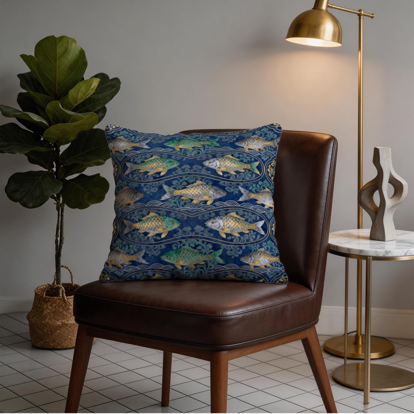 1 Pack 18×18 Inch Koi Fish Printed Throw Pillow with Invisible Zipper, Japanese Style Decorative Cushion for Couch, Sofa, Bed, Living Room and Bedroom, HD Digital Print, Fade-Resistant Soft Pillow