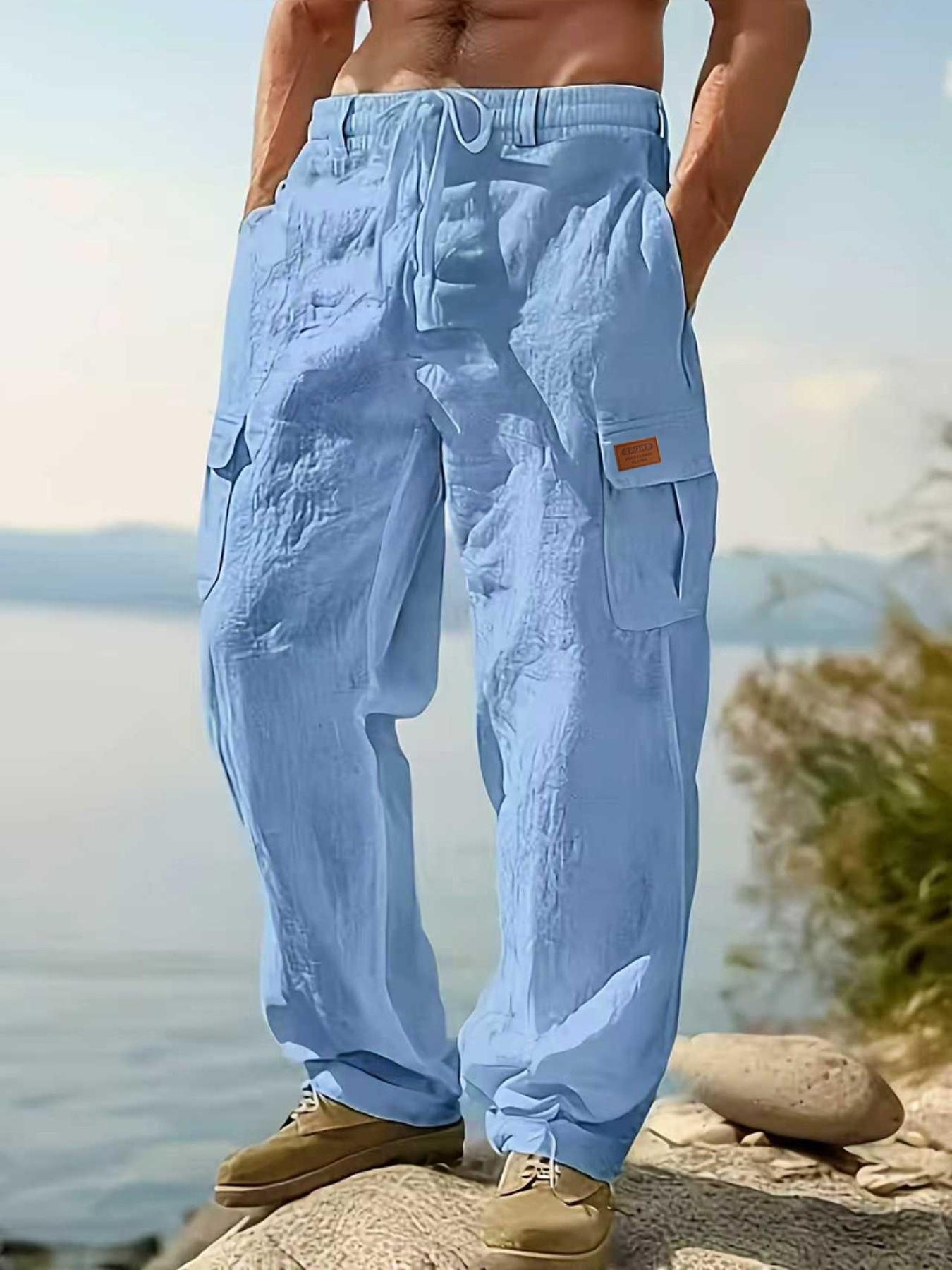 Men's Linen Cargo Pants with Drawstring Waist, Multiple Pockets, Straight Leg, Breathable Outdoor Beach Casual Long Pants