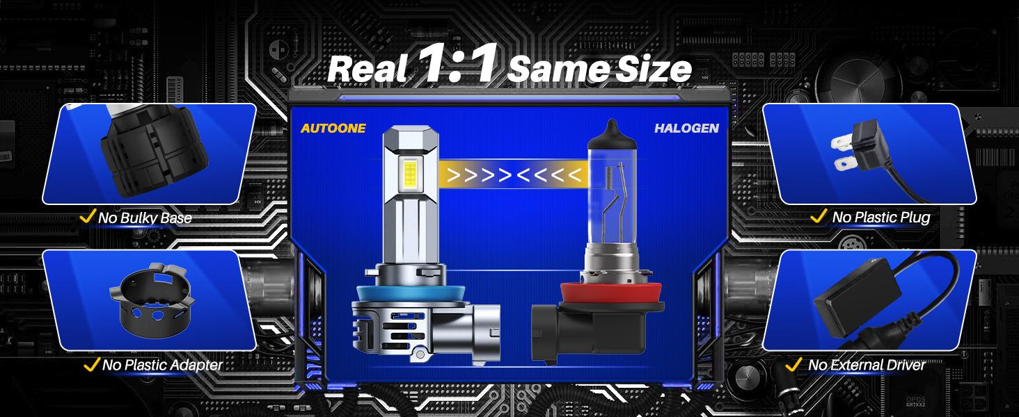 AUTOONE H11 Led Headlight Bulb, Automotive Headlamps with Cooling Fan, 6500K Car Light Bulbs  H9/H8/H16 Replacement Plug and Play, Vehicle Xenon Headlight, Pack of 2