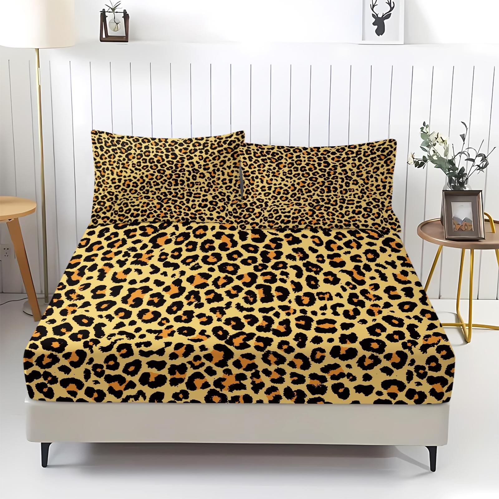 3Pcs Leopard Print Fitted Sheet Set, Retro Luxury Bedding Set, Soft and Breathable Fabric, Deep Pocket Design, Easy to Clean, Ideal for Fashionable Young Women's Bedroom Decor
