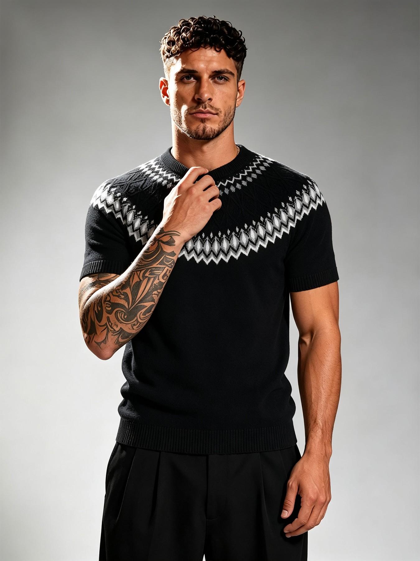 Men's Crew Neck Short Sleeve Knit Sweater, Retro Classic Graphic Knit Pullover, Spring Summer Smart Casual Daily, Comfortable and Stylish