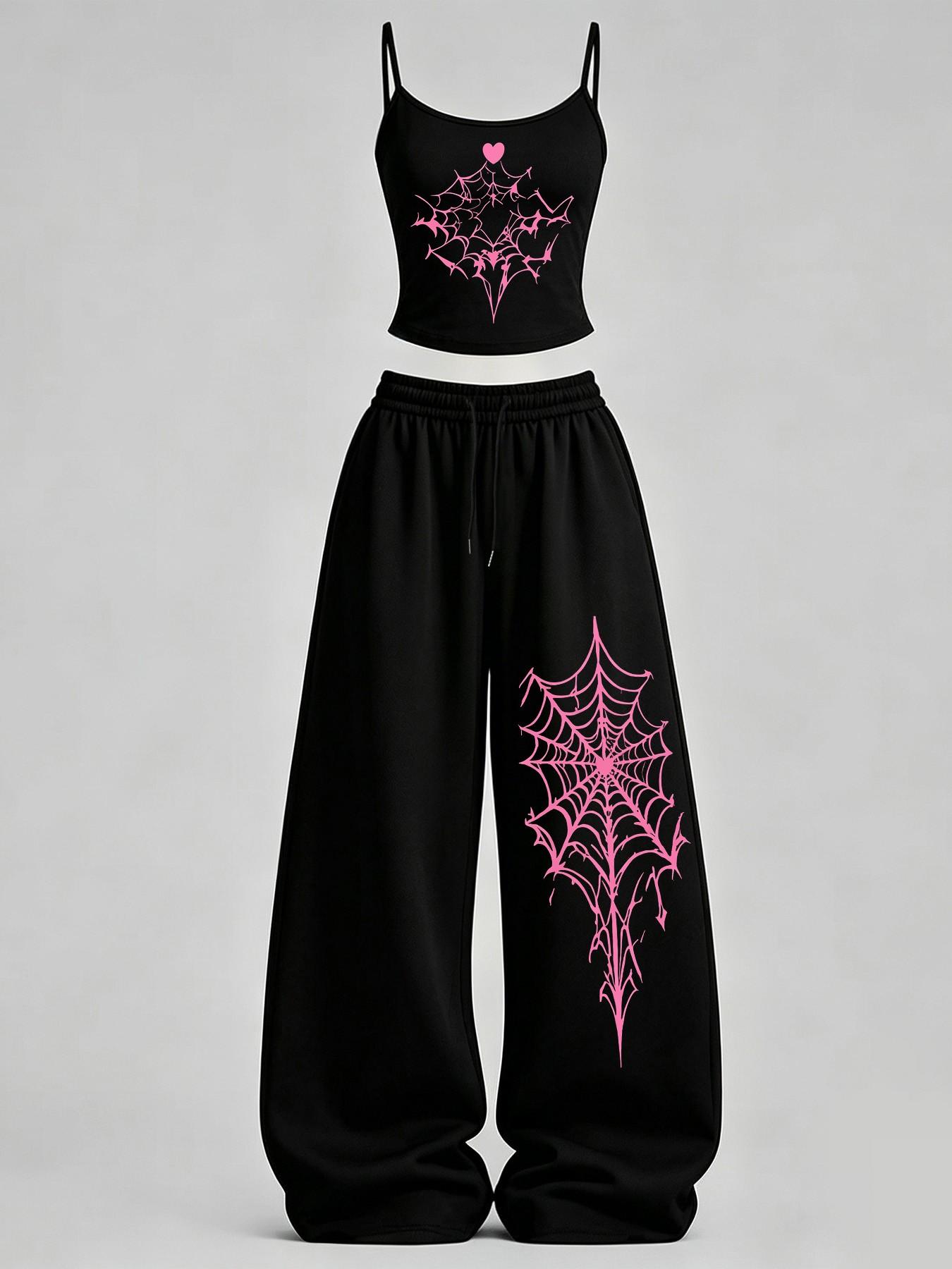 Women's Spider & Butterfly Print Slim Fit Tank Top + Loose Pants Set, Y2K Street Style, Casual Daily Wear, Home Leisure