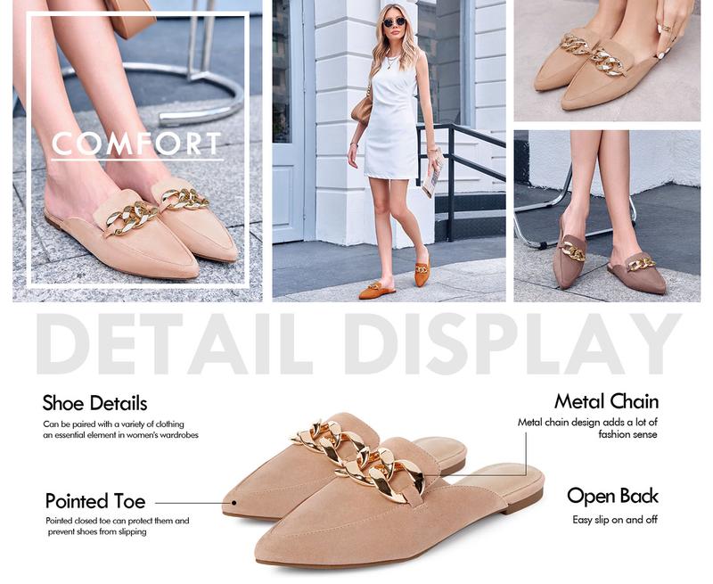 Coutgo Holy Womens Mules Flats Pointed Toe Backless Loafers Slip on Metal Chain Slides