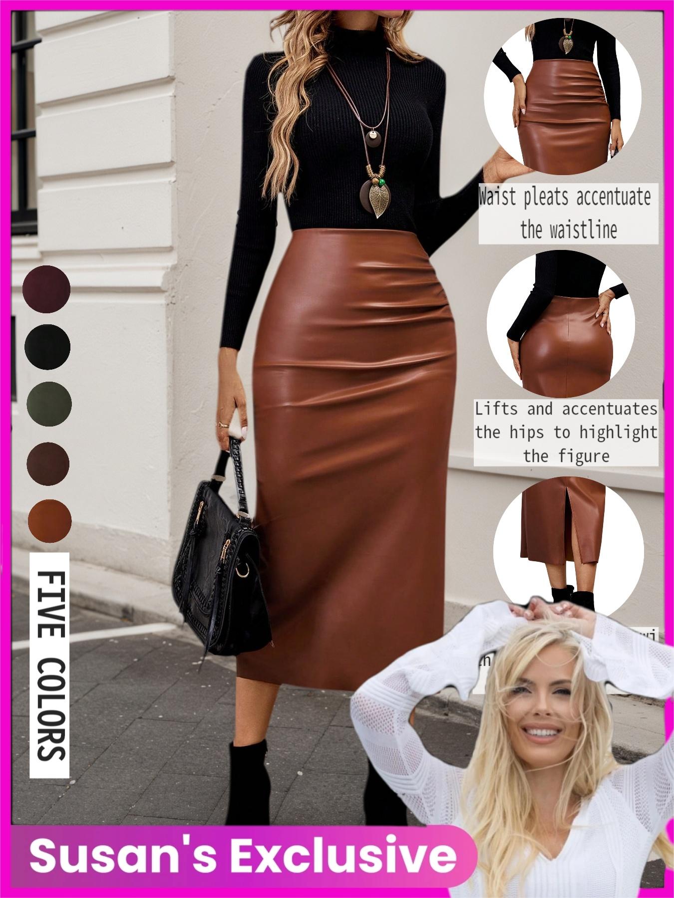 [Susan Exclusive]Women's Plain A-Line Midi Skirt for Casual Daily Wear, High Waist Split Thigh Design, All Seasons Fashion