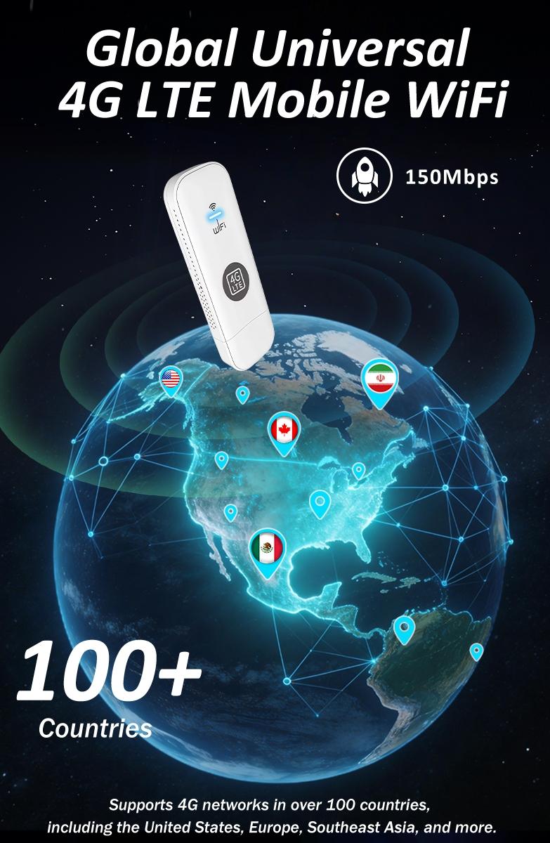4G LTE Mobile WiFi Hotspot, 150Mbps High-Speed, Connect Up to 10 Devices, Easy Plug & Play, Unlocked USB Modem, Global Universal Compatibility, Portable Pocket WiFi for Travel, Camping, RV and Motorhome Use