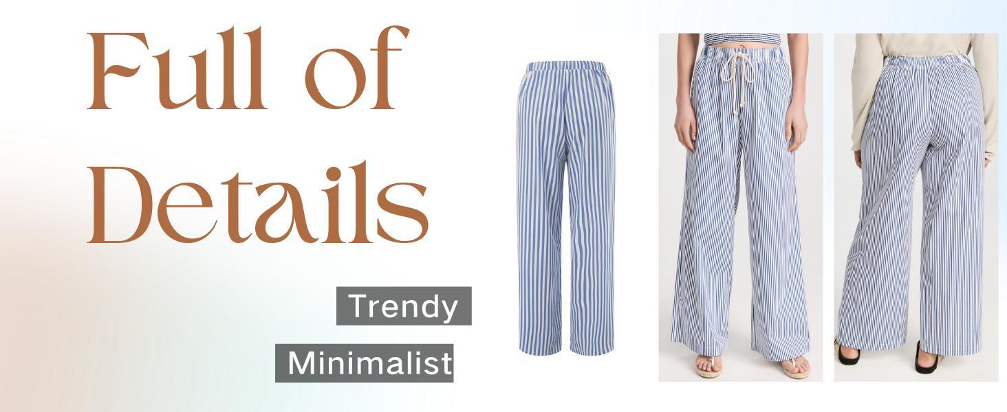 Ommig Striped Drawstring Wide-Legged Trousers for Women, Elegant Commuting and Vacation Long Pants