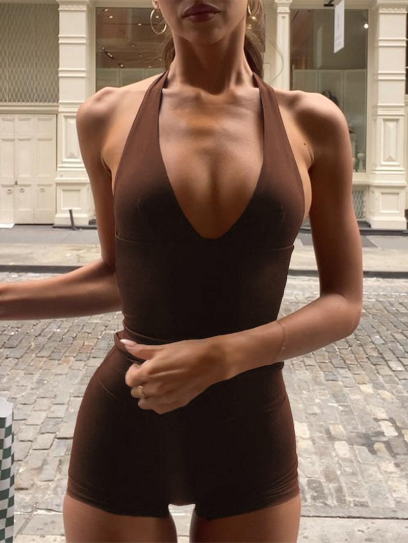 Women's V-Neck Backless Crop Top and Shorts Set, Slim-Fitting High Waist, Elastic Casual Sportswear for Yoga Fitness Cycling Pilates