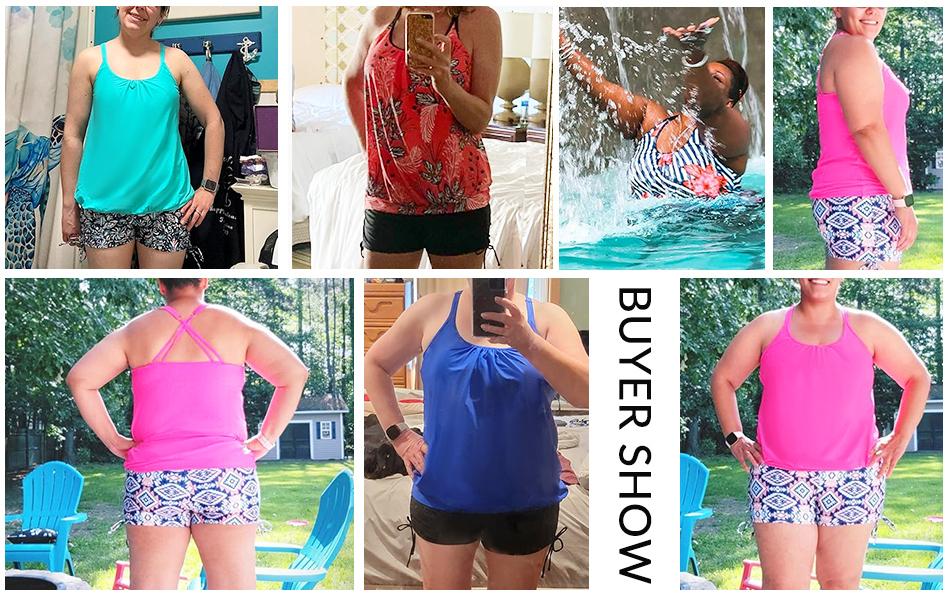 Yonique Womens Blouson Tankini Swimsuits Two Piece Strappy Bathing Suit Tops with Shorts Criss Cross Swimwear