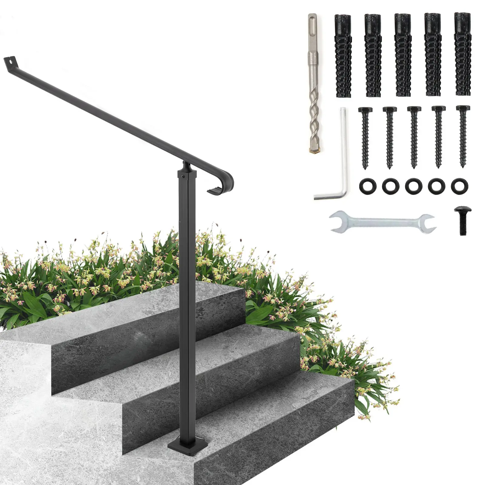 VEVOR Wrought Iron Handrail for Outdoor Steps, 5.35 ft Wall and Floor Mounted Stair Railing with Installation Kit, Powder-Coated, Black
