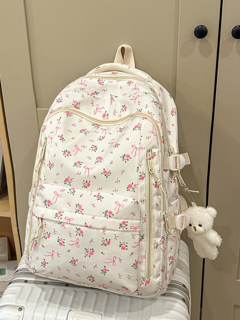 1pc  Women's backpack with large capacity, zipper closure, and free pendant. Fashionable, versatile, cute, and trendy. Suitable for students going to school, campus, commuting, and traveling. Women's backpack School Backpacks