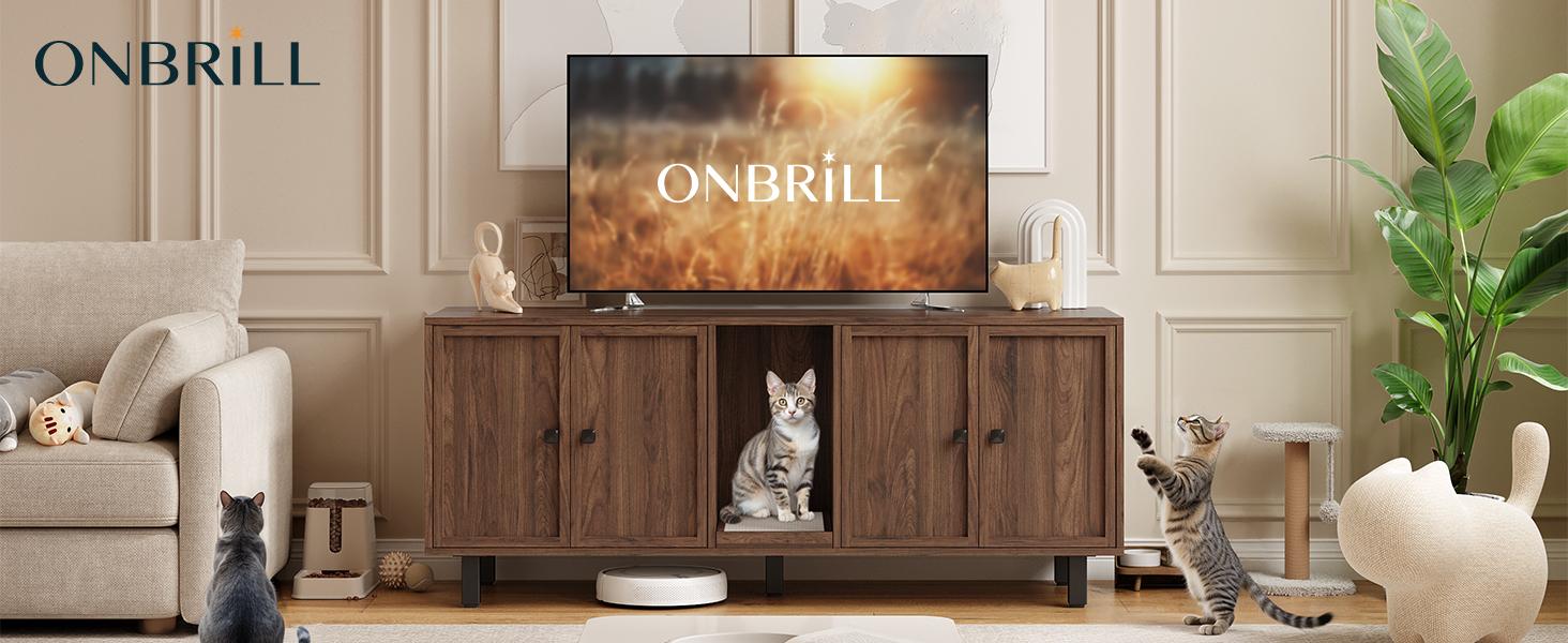 【SPOTLIGHT DAY】ONBRILL 59 Inches Cat Litter Box Enclosure for 2 Cats, Hidden Litter Boxes Furniture with Cat Scratch Pad, Large Indoor Pet House with Double Room, Wooden TV Stand Side Table 【SPOTLIGHT DAY】ONBRILL 59 Inches Cat Litter Box Enclosure for 2 Cats, Hidden Litter Boxes Furniture with Cat Scratch Pad, Large Indoor Pet House with Double Room, Wooden TV Stand Side Table