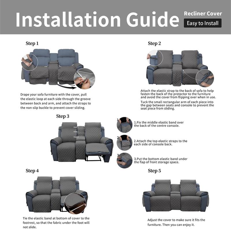 Easy-Going Recliner Cover with Console, Cover Only, Reversible Couch Cover for Living Room, Split Sofa Cover for Each Seat with Elastic Straps for Kids, Dogs, Pets