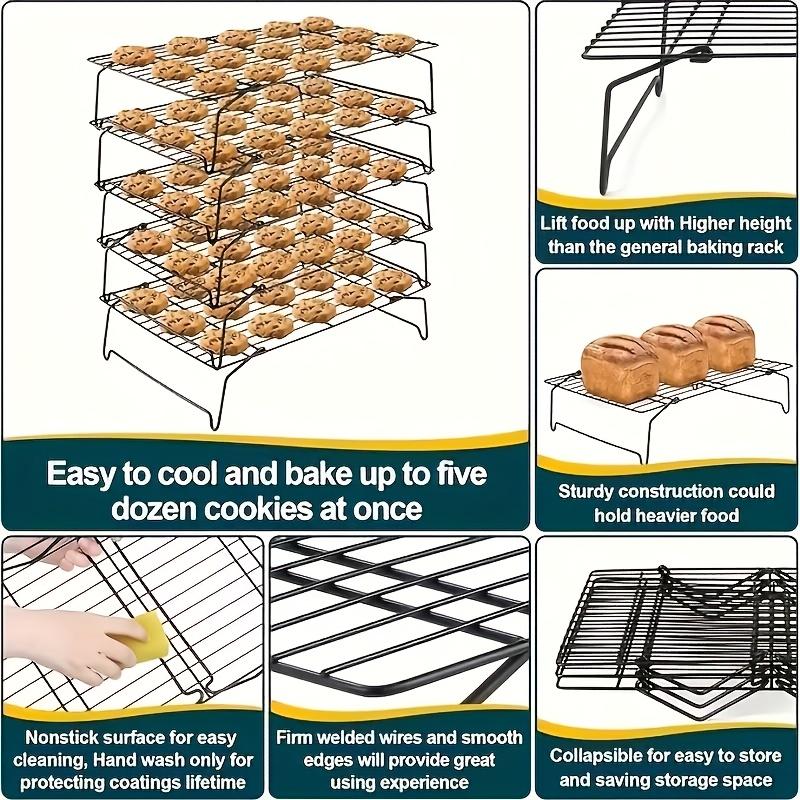 5-piece 5-tier heavy-duty foldable baking cooling rack - cast iron stackable rack, even heat dissipation, space-saving black rack, suitable for cookies, cakes, muffins, pies; compatible with countertop ovens, convection ovens and traditional ovens