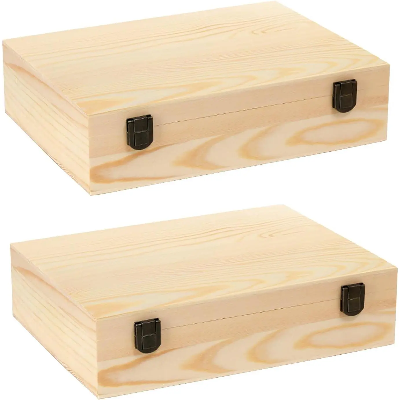 2 Pack 12" x 9" x 3" Unfinished Wooden Box,  Unfinished Pine  Decorative Box Wooden  Box Memory Box with Hinged Lid and Front Clasp for DIY Art Craft and  Storage