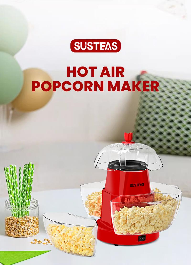 SUSTEAS Healthy Hot Air Popcorn Maker: Oil-Free, Fast, Includes 4 BPA-Free Bowls, Easy to Clean. Ideal for Family Movie Nights machine