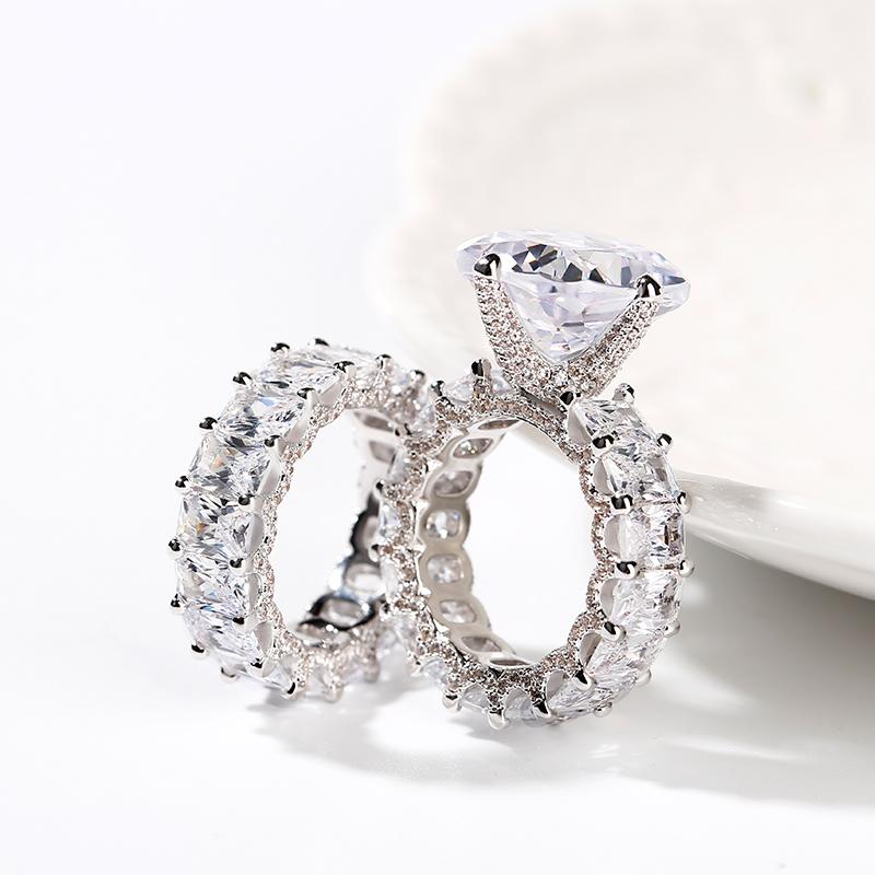 Jeulia Cushion Cut Three Sided Pave Sterling Silver Eternity Ring Set 925 Anniversary Birthday Engagement Valentines Wedding Elegant Jewelry Gift for Women Wife Girlfriend silver jewelry sterling silver jewelry 925 bridal  ring Sterling Silver Zircon