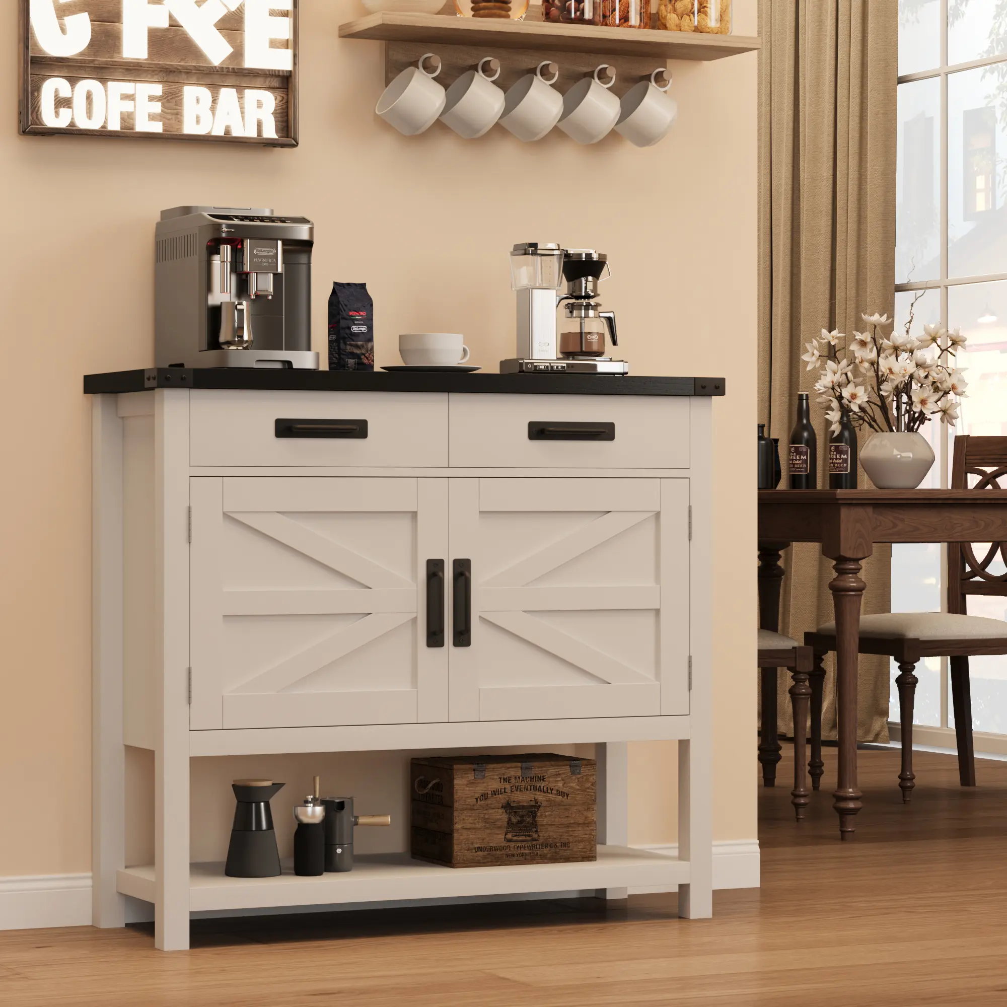 Gaomon Rectangular Farmhouse Console Table - Storage Furniture with 2 Doors, 2 Drawers for Entryway, Living Room, Multi-Functional as Coffee Bar, Buffet Sideboard