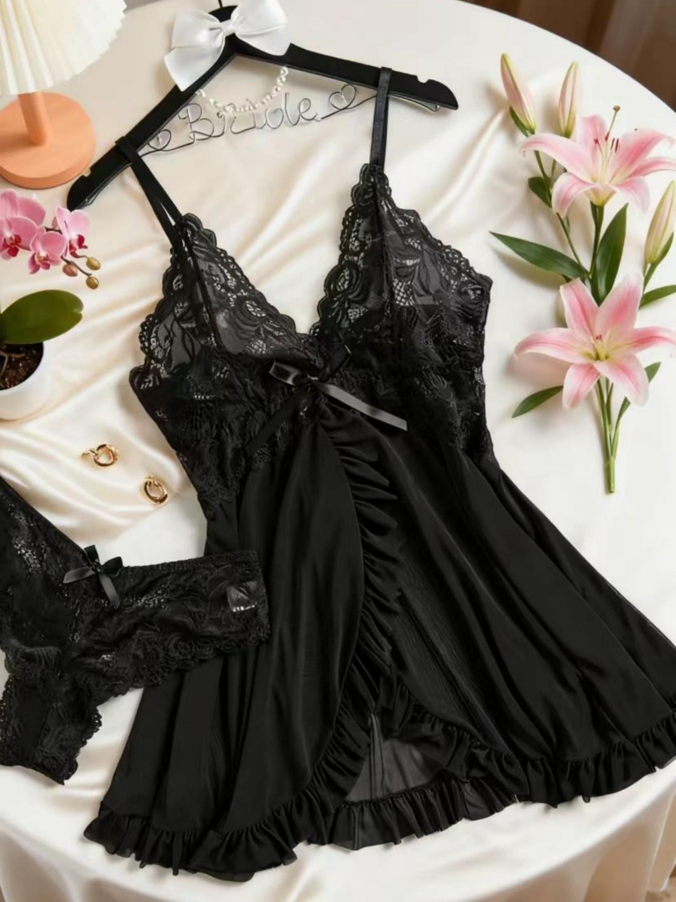 1 Count Ladies' Sexy Ruffle Trim Cami Nightdress & Bow Decor Panty Sets, Comfortable Playful Floral LaceSee Through Sleepwear Set, Sexy Slim-fit Spaghetti Strap Dress& Thong Set, Comfy Pj Set, Suitable For Holiday&Valentine's Day