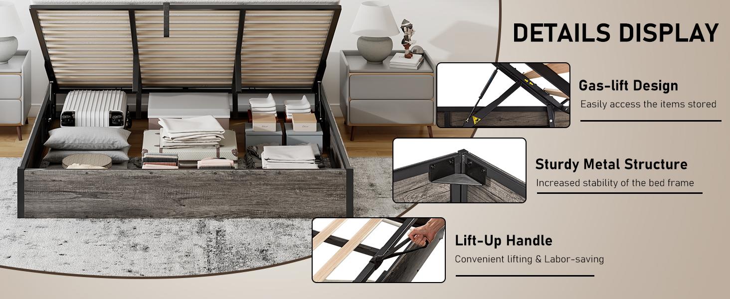 VanAcc Lift Up Storage Bed, Farmhouse Bed Frame with Storage Underneath, Wooden Platform Bed Frame, Solid Wood Slats Support, No Fixed Headboard, No Box Spring Needed