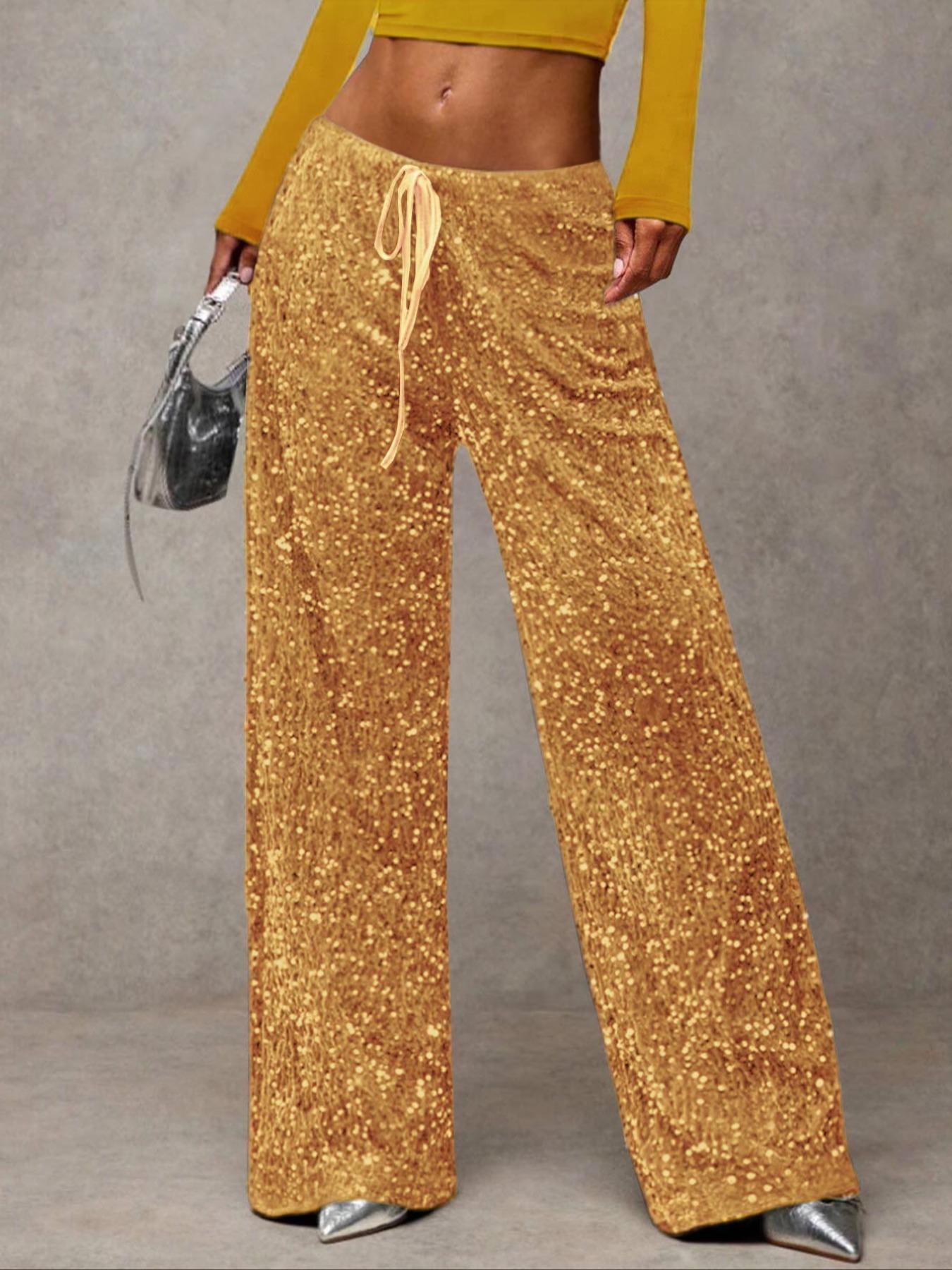 Women's Fashion Pants with Elastic Waistband, Bow Design, Sequins Detailing, Stylish Fitted Trousers Bottoms for Casual Wear