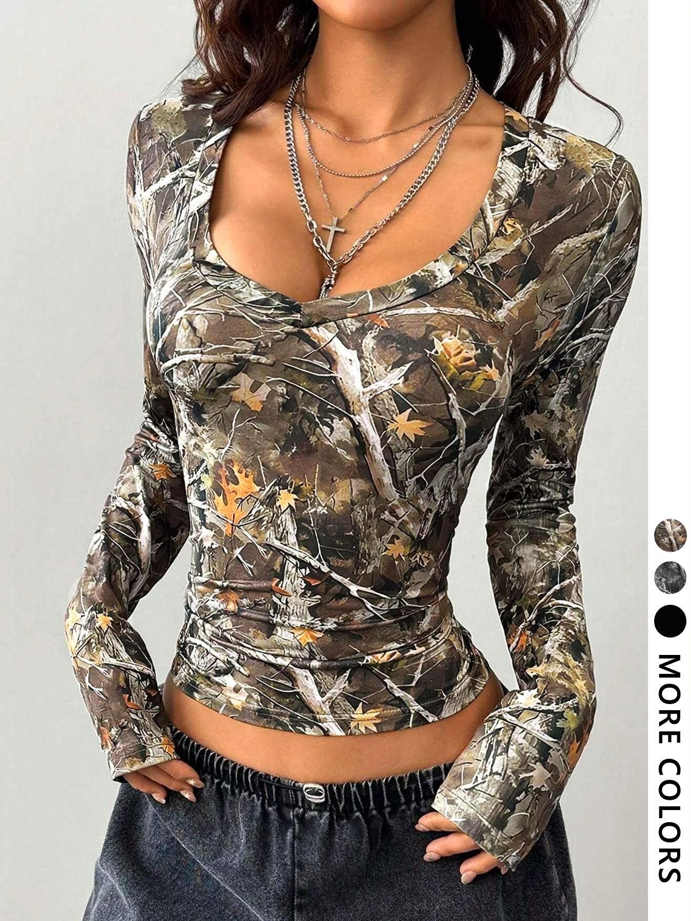 Women's Plain / Camo Print Tee, Casual Long Sleeve V Neck T-shirt for Fall & Winter, Women's Clothing for Daily Wear, Womenswear