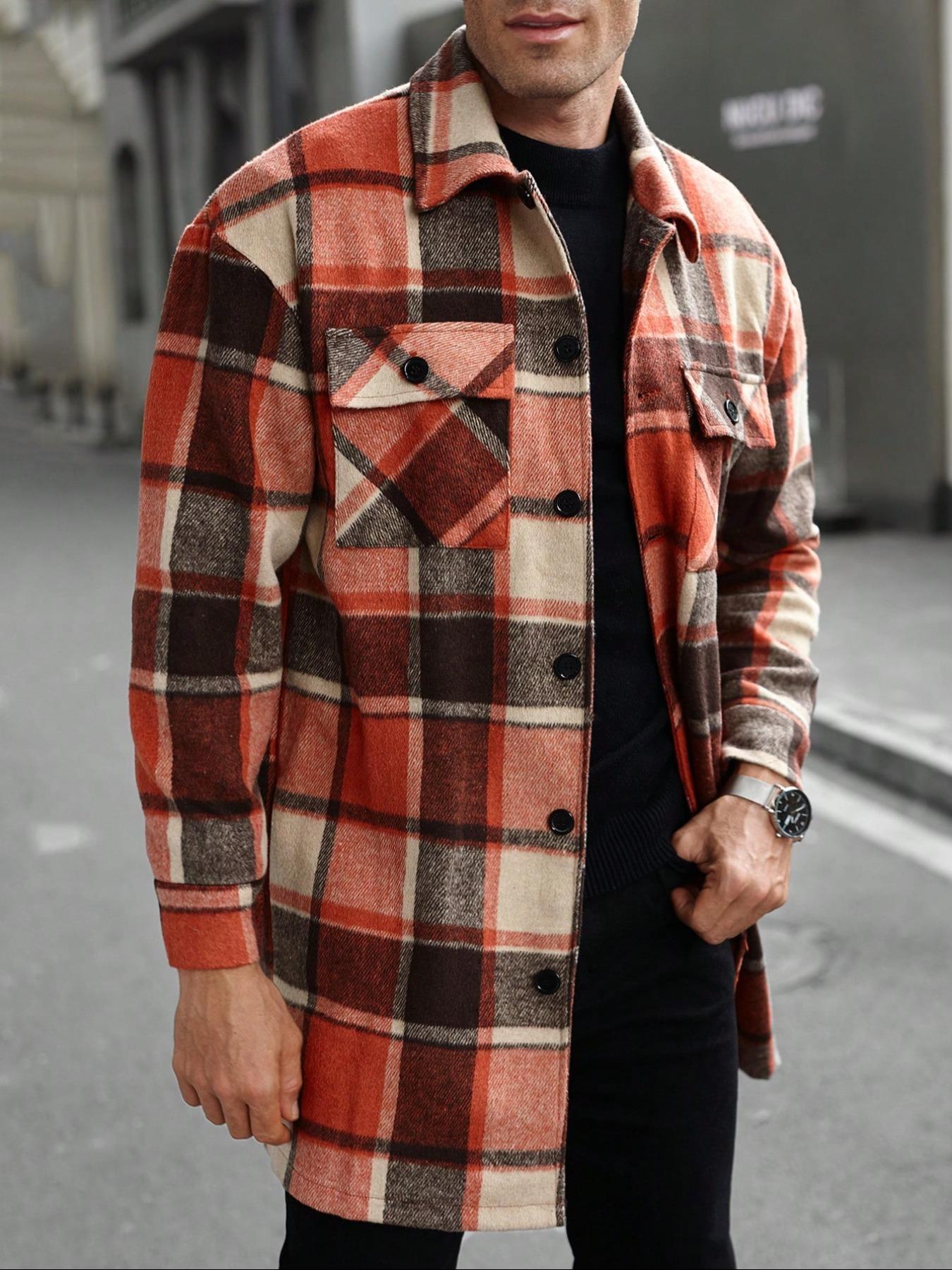 Men's plaid check long coat, Long Sleeve, with a buttoned lapel, loose fit, front button pockets, suitable for daily wear in autumn and winter, comfortable and warm, men's trench coat, autumn and winter