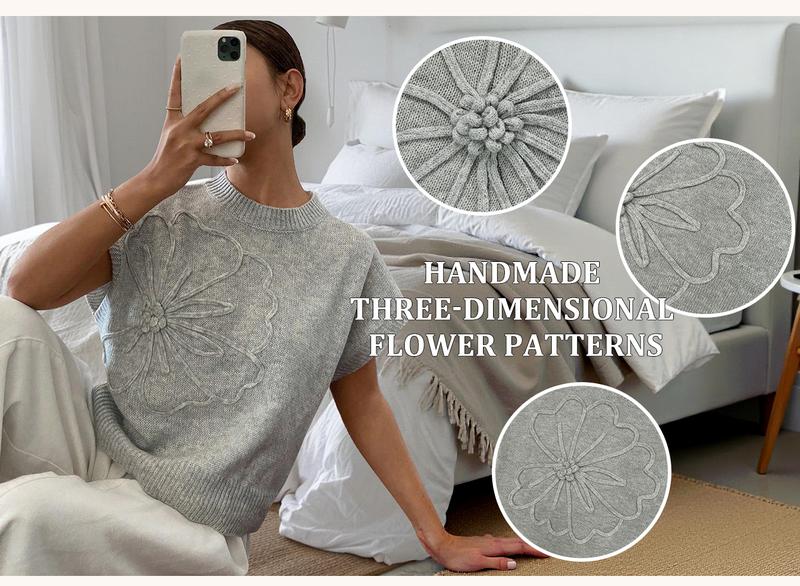 Women's Plain Flower Jacquard Semi-sheer Cable Knit Top, Casual Sleeveless V Neck Knitwear for Daily Wear, Ladies Clothes for All Seasons