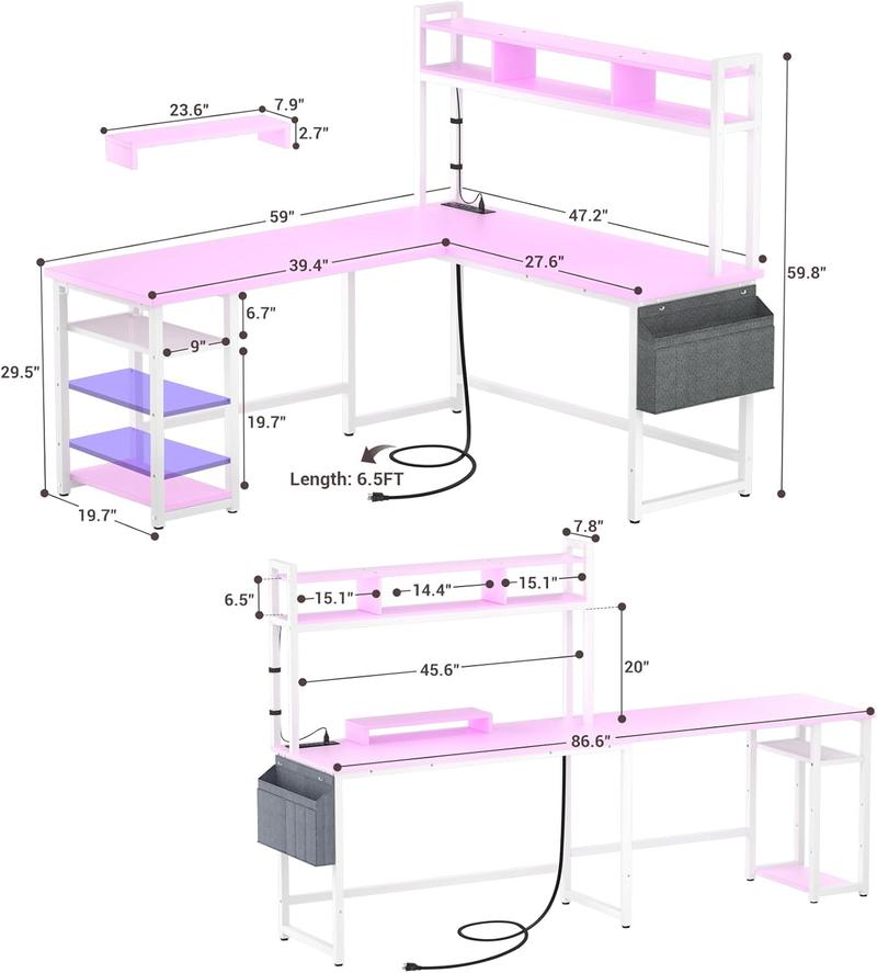 L Shaped Gaming Desk with Power Outlets & LED Lights, Small L- Shaped Desk Computer Corner Desk with Monitor Stand & Storage Shelf, L Shaped Gaming Desk with Power Outlets & LED Lights, Small L- Shaped Desk Computer Corner Desk with Monitor Stand & Storage Shelf,