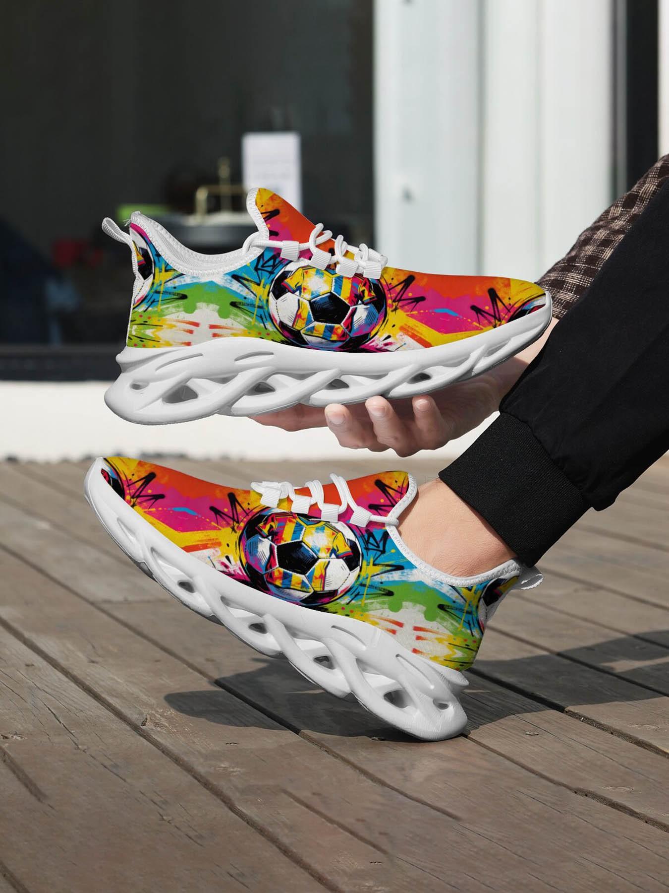 Graffiti Football Theme Trendy Sports Shoes, Street Art Style, Vibrant Full Surface Spray, Lightweight Cushioned Sole, Youth Soccer Lovers