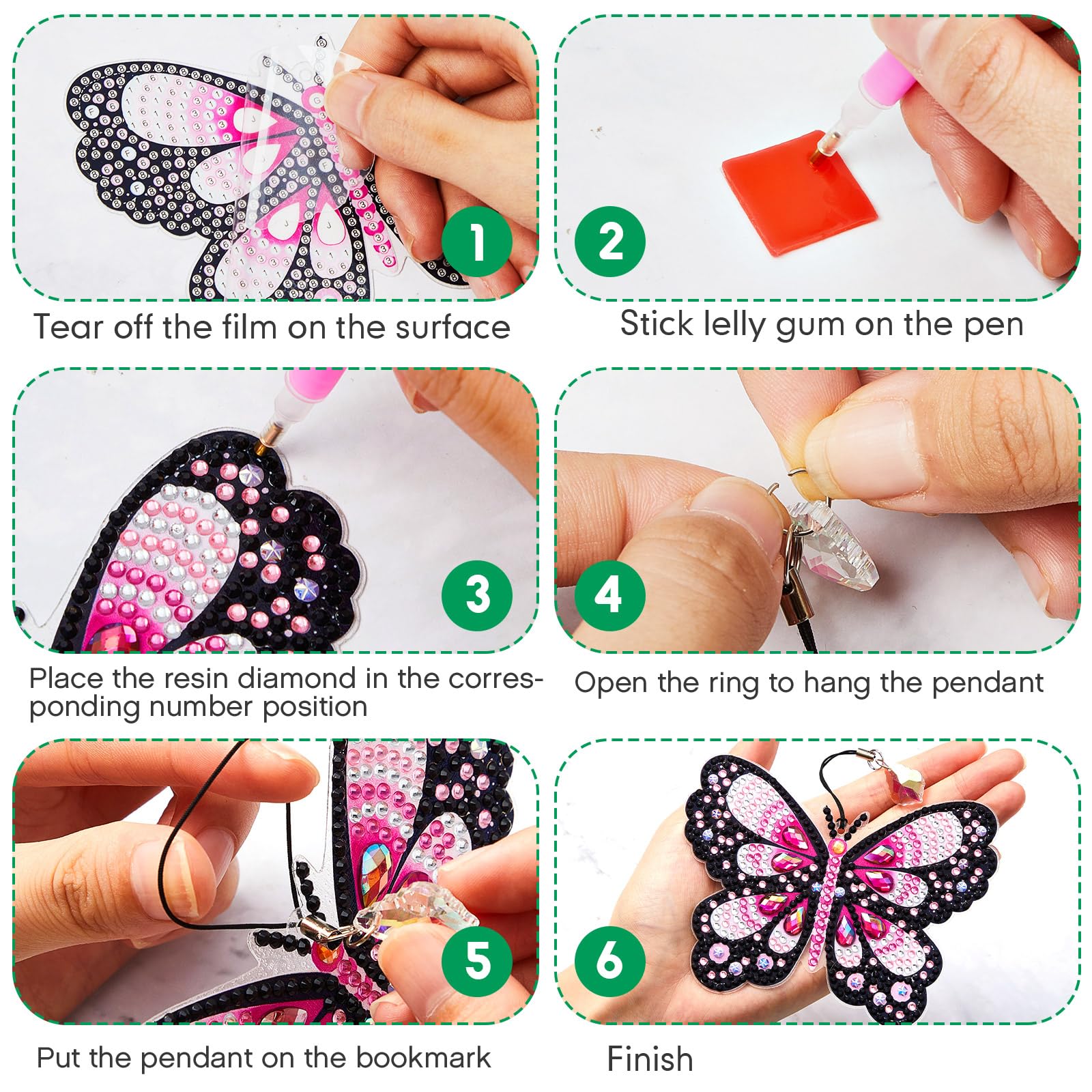 8-piece 5D diamond art bookmark kit, Sparkling Finish, DIY butterfly pattern diamond painting bookmarks, includes tool kit and free pendant, handmade bookmark making kit, suitable for reading enthusiasts