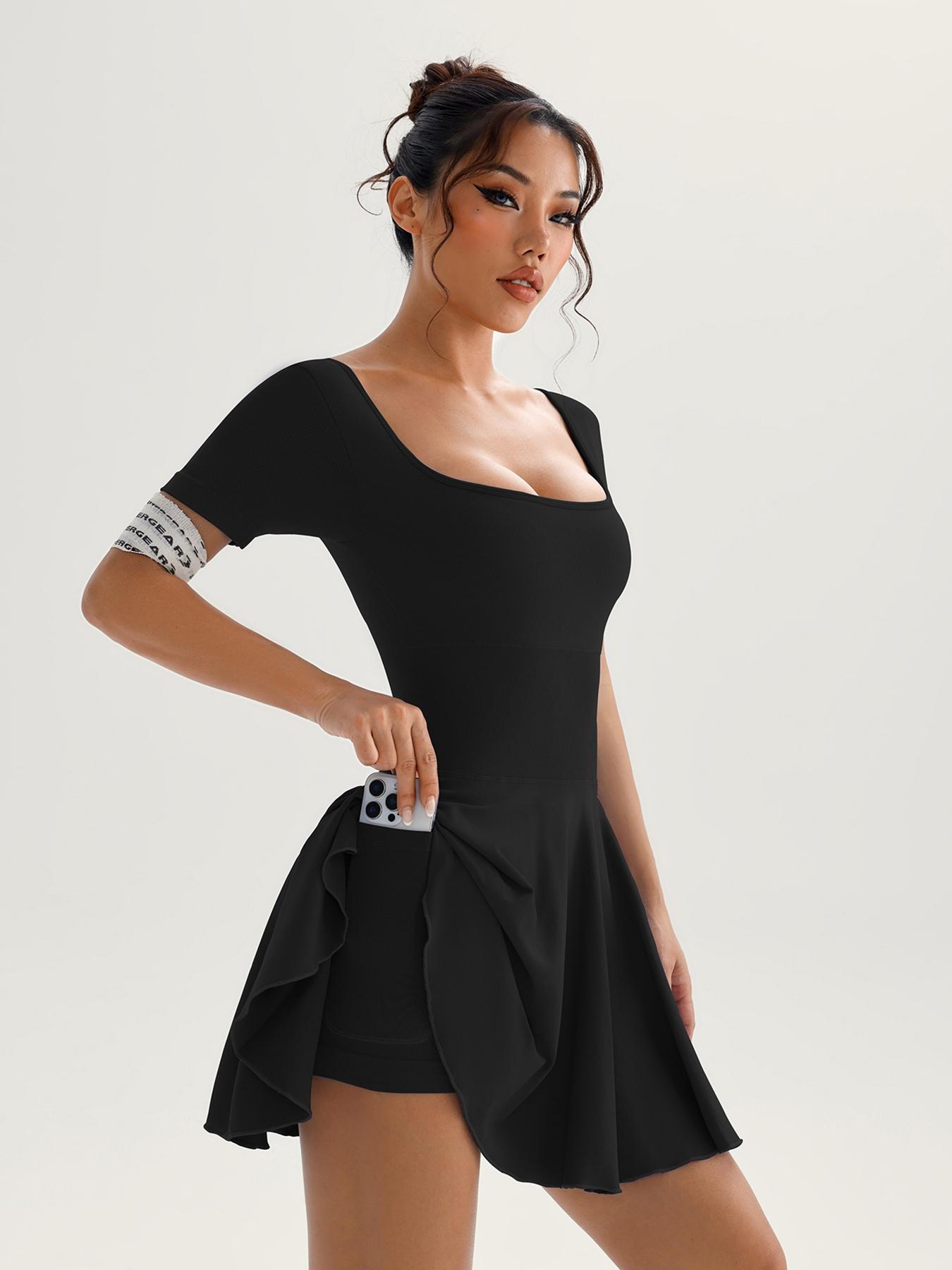 Women's Solid Square Neck Sports Dress Athletic Tennis Dress Inner Pocket, Casual Sporty Short Sleeve Skorts Dress for Daily Outdoor Sport, Ladies Sportswear for All Seasons, Womenswear