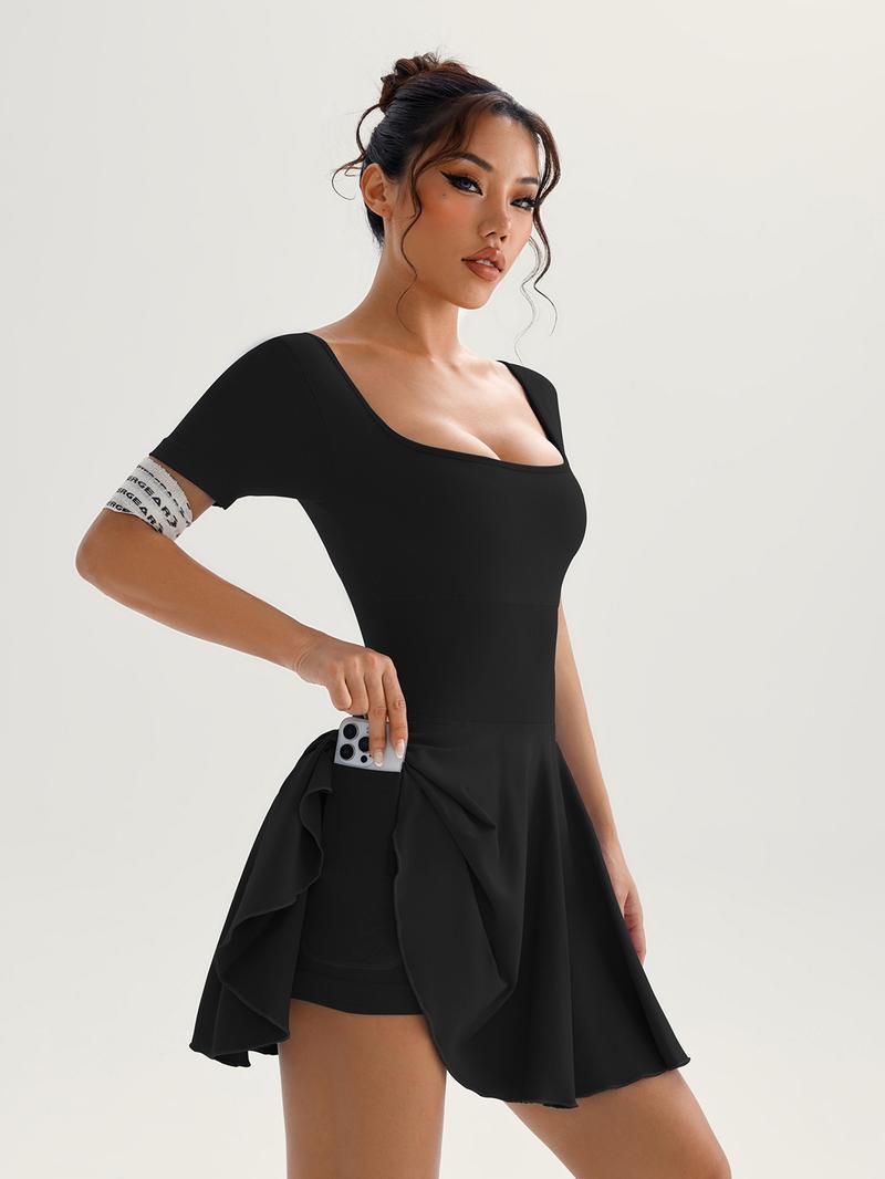 Women's Solid Square Neck Sports Dress Athletic Tennis Dress Inner Pocket, Casual Sporty Short Sleeve Skorts Dress for Daily Outdoor Sport, Ladies Sportswear for All Seasons, Womenswear