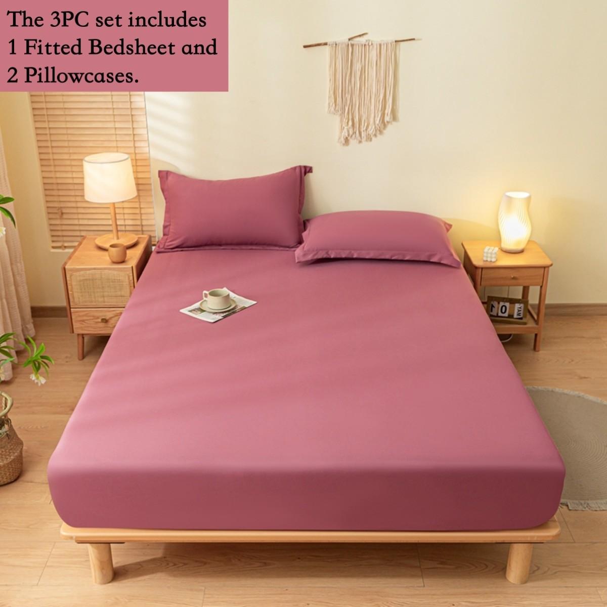 3pcs Solid Elastic Fitted Sheet Set, Full Coverage Non-Slip Mattress Protector, Deep Pocket Fits 5-30cm Mattress, Soft Breathable Durable Bedding, Wrinkle-Free and Fade-Resistant