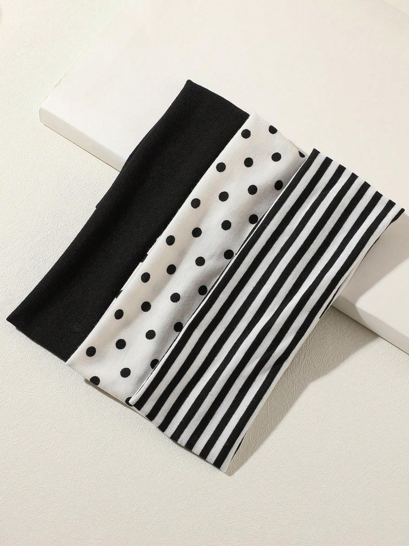 3pcs Black & White Polka Dot + Striped Elastic Sweatband, Suitable For Daily Life, Yoga, Workout, Travel, Women Hair Accessories Headbands For Women Fashion Head Wrap, School Stuff, College Autumn Accessories Women Hair Band