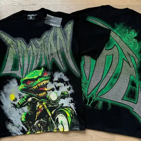 MIXED EMOTION Green Demon Rider Graphic Tee, Motorcycle Rhinestone Cotton T-Shirt, Washed Vintage Oversized Streetwear Top, Y2K Hip Hop Retro Summer Style