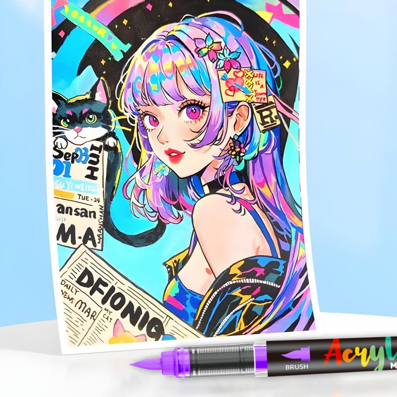 Acrylic Paint Markers Set, With Foldable Triangle Storage,Acrylic Paint Pens Brush Tip for Rock Painting, Wood, Glass, Stone, Canvas, Ceramic, Fabric,DIY Craft,Art Supplies for Adults,Art Mrkers