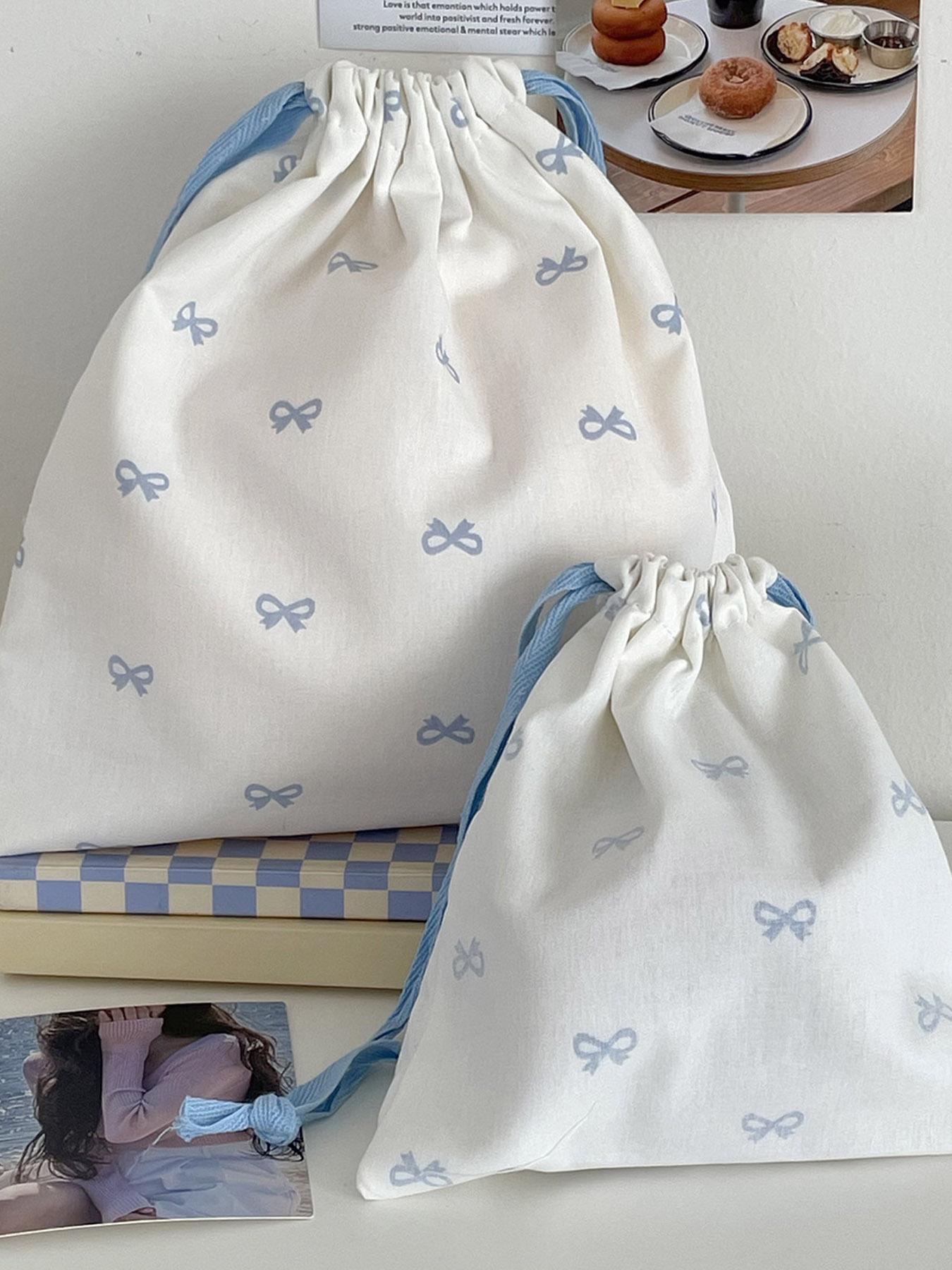 Sweet Bow Print Storage Bag Drawstring Backpack Cute Student Portable Travel Digital Organizer Hanging Bag New Year Valentine's Gift