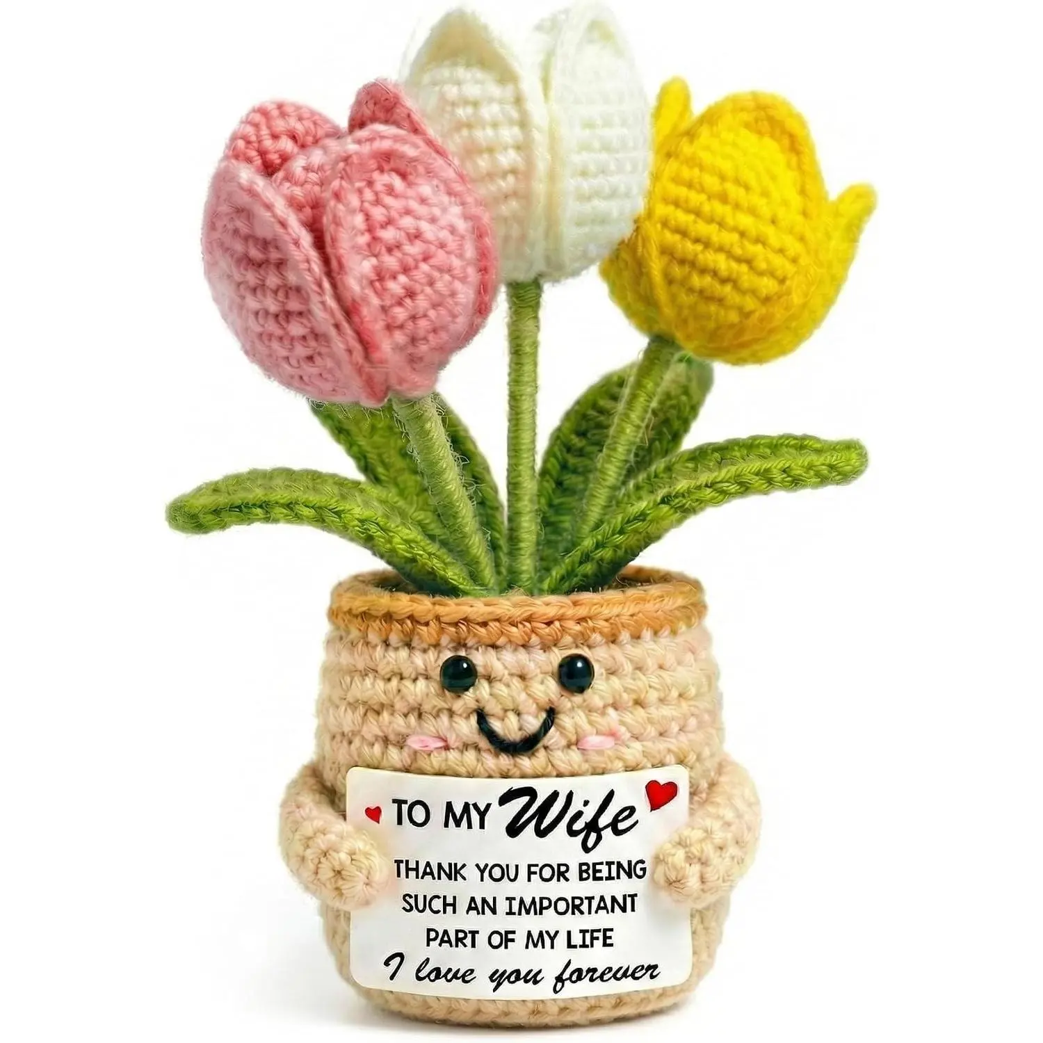 Gifts for Wife from Husband - Handmade Tulip Crochet Flowers, Positive Support Cotton Milk Wool Bouquet for Wedding Anniversary Christmas Birthday Mothers Day, 6.3'' x 2.56''Gift