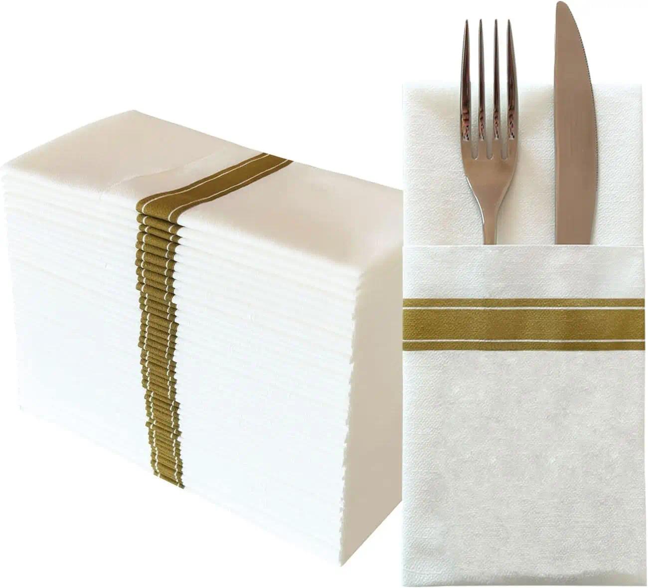 50PCS Gold Line Linen Feel Napkins with Built-in Flatware Pocket, Disposable Guest Pre-folded Paper Towels For Wedding Party