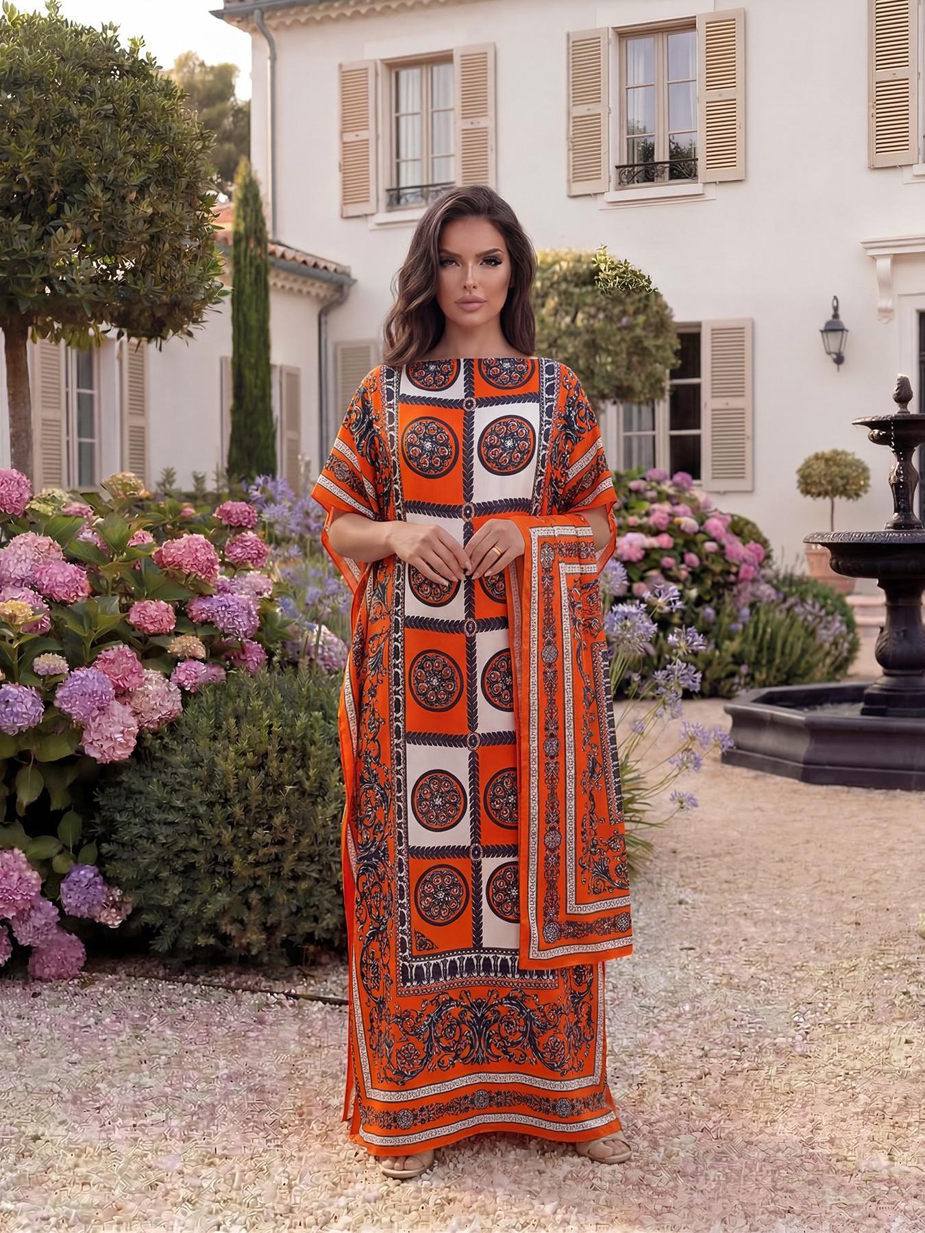Women's Boho Style Long Robe Set, Fitted All-Over Print Shawl Dress, Sun Protection Silk Scarf, Beachwear for All Seasons