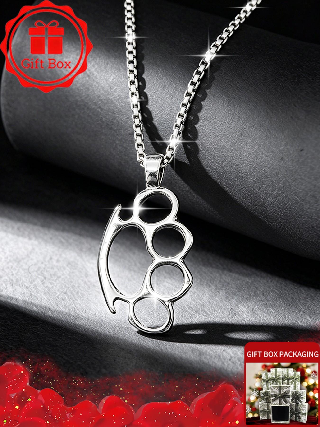 Silver Knuckle Pendant Necklace with Gift Box, Chain Necklaces, Vintage Knuckle Duster Choker, Punk Box Chain Jewelry for Men Women, Unisex Grunge Outfits Clothing Accessories, Birthday Christmas Valentine Gift for Boyfriend Son Husband Her