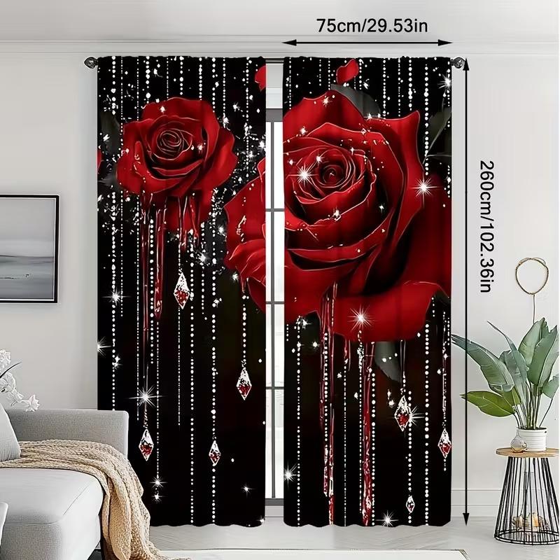 2-Piece Pearl Rose Print Window Curtain Set, Durable Semi-Transparent Polyester Fabric, Washable, Ideal for Bedroom/living Room/library