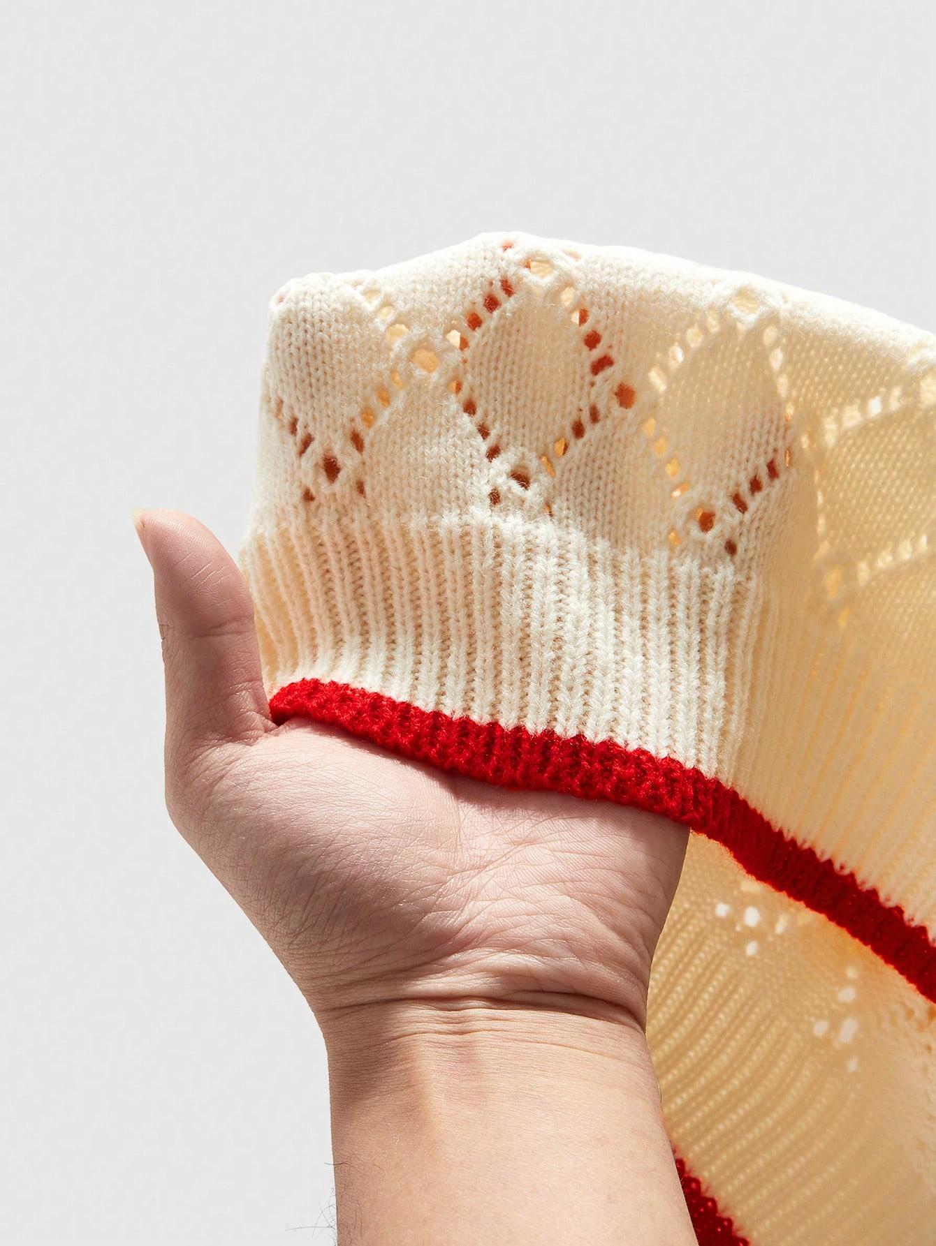 Men's Knitted Short Sleeve Cardigan, Color Block Edges & Floral Embroidery Design, Casual Hollow Out Style, Y2K Fashion for Daily Wear